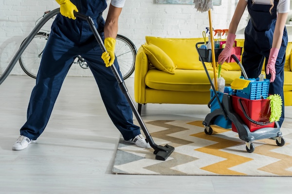 Professional cleaners steam cleaning a rug